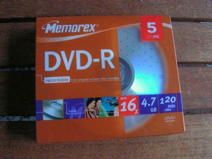 Pak met 5 x DVD-R Memorex (4.7 GB – 120 min – up to 16x), Computers en Software, Beschrijfbare discs, Nieuw, Dvd, Ophalen of Verzenden