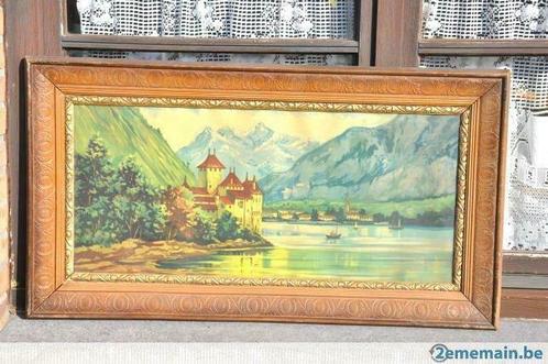 chromo chateau bord du lac cadre bois vitré, Collections, Photos & Gravures, Utilisé, Gravure, Enlèvement