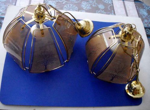 2 suspensions lampes avec facettes verre fumé et laiton doré, Maison & Meubles, Lampes | Suspensions, Comme neuf, Moins de 50 cm