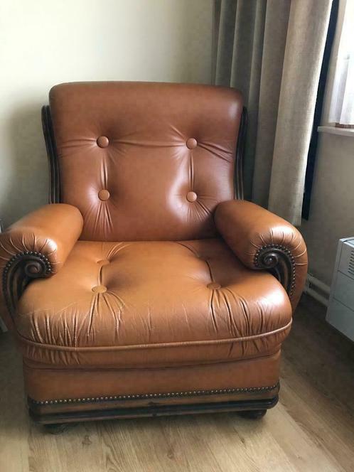 Mooie lederen fauteuil in cognac kleur (eventueel met 2-zit), Huis en Inrichting, Zetels | Zetels, Gebruikt, Eenpersoons, Leer