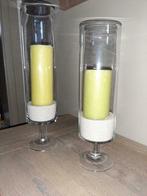 2 groene kaarsen in de stolp, Huis en Inrichting, Woonaccessoires | Kandelaars en Kaarsen, Ophalen
