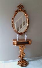 Authentieke console en spiegel in houtlook en vergulde afw., 50 tot 100 cm, 150 tot 200 cm, Ophalen