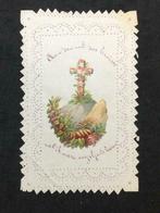 Kanten Devotieprentje Heilig Kruis, kleur en reliëfdruk 1884, Bidprentje, Ophalen of Verzenden