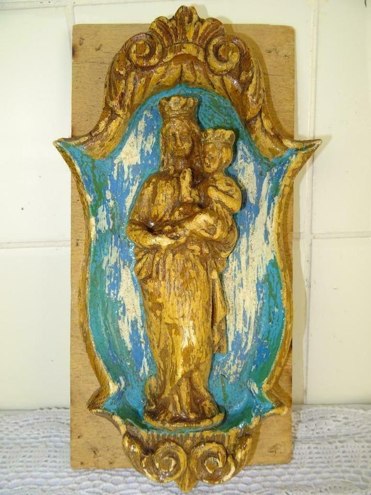 Mariabeeldje Antiek reliëf Heilige Maria Jezus curiosa kunst, Antiek en Kunst, Antiek | Religieuze voorwerpen, Ophalen of Verzenden