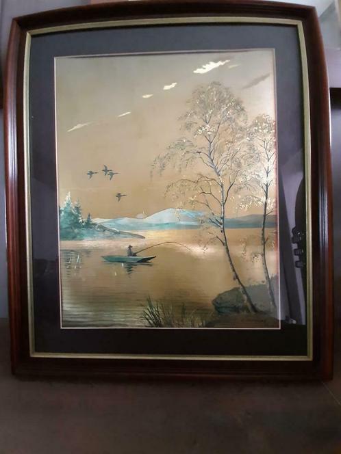 Vintage E.Stephens ingelijst gouden kunstwerk Lac de Montagn, Antiek en Kunst, Kunst | Schilderijen | Modern, Ophalen of Verzenden