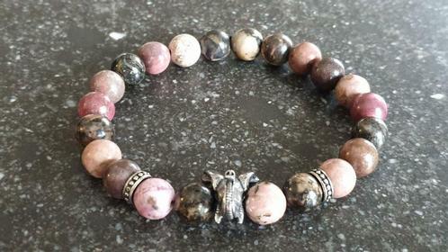 Knappe armband (natuursteen 8mm) met olifant in RVS, Handtassen en Accessoires, Armbanden, Nieuw, Staal, Roze, Met bedels of kralen
