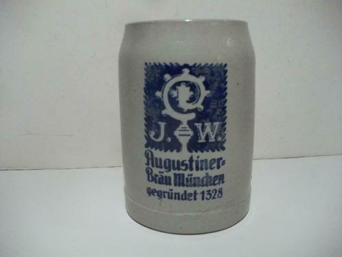 Bierkruik Augustiner Bräu 0,25 l aardewerk blauw grijs, Verzamelen, Biermerken, Zo goed als nieuw, Pul(len), Overige merken, Ophalen
