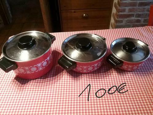 Set van 3 vintage emaille braadpannen jaren 70, Huis en Inrichting, Keuken | Potten en Pannen, Gebruikt, Pannenset, Overige materialen