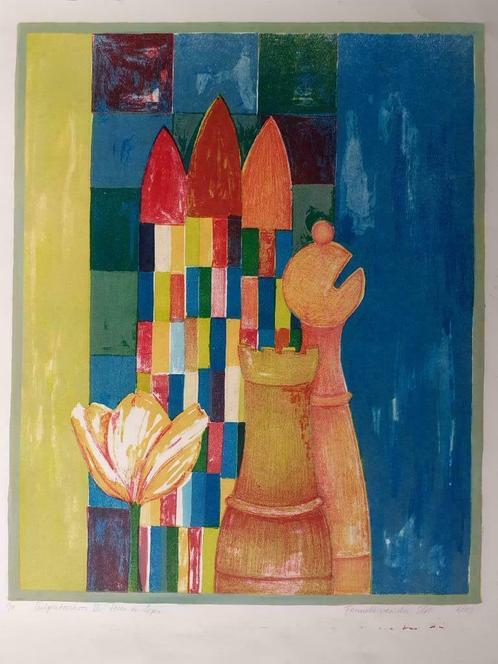 "Tournoi des tulipes III, tour et évêque" - Fenneke van der, Antiquités & Art, Art | Lithographies & Sérigraphies, Enlèvement ou Envoi