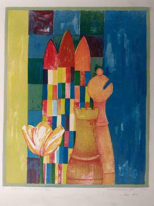 "Tulpentoernooi III toren en loper"- Fenneke van der Elst, Antiek en Kunst, Kunst | Litho's en Zeefdrukken, Ophalen of Verzenden