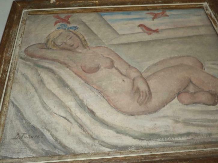LAURA TURNER °1888-1983 BXL olie/doek dromend liggend naakt, Antiek en Kunst, Kunst | Schilderijen | Modern, Ophalen