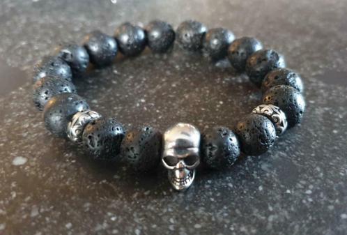 Armband voor mannen natuursteen (10 mm,12mm) met RVS schedel, Handtassen en Accessoires, Armbanden, Nieuw, Staal, Zwart, Met bedels of kralen