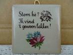 Vintage tegeltje Stom he? Ik vind 't gewoon lekker! curiosa, Antiek en Kunst, Antiek | Wandborden en Tegels, Ophalen of Verzenden