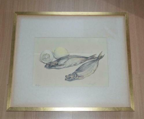 stilleven Paul Lauwers "haringen", Antiek en Kunst, Kunst | Etsen en Gravures, Ophalen of Verzenden