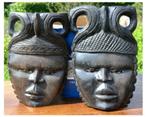 § paire masques africains muraux différent bois noir marbré, Ophalen of Verzenden