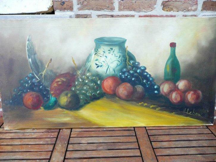 2 schilderijen : stilleven met fruit en landschap, Antiek en Kunst, Kunst | Schilderijen | Modern