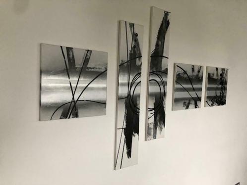 schilderij in wit, zilver en zwart - 5 panelen, Antiek en Kunst, Kunst | Schilderijen | Abstract, Ophalen