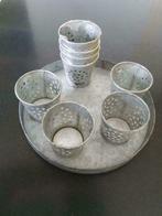 Waxinelicht houders in zink met schotel, Moins de 25 cm, Gris, Comme neuf, Enlèvement