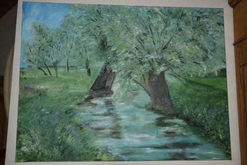 Peinture sur toile Saules têtards le long d'un ruisseau. Sig, Antiquités & Art, Art | Peinture | Moderne, Envoi