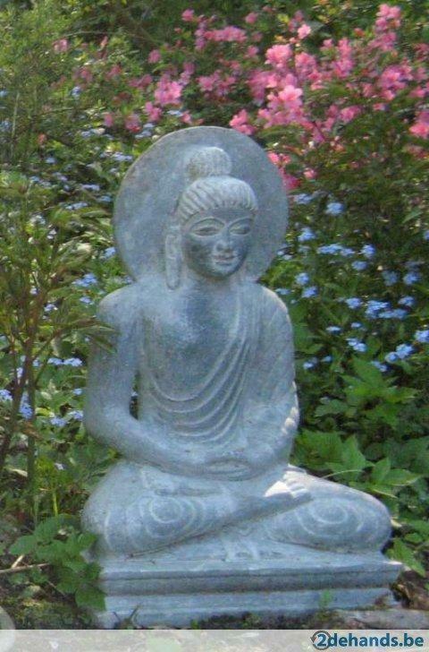 Bouddha méditant en granit vert 56 cm, Jardin & Terrasse, Statues de jardin, Comme neuf, Bouddha, Pierre, Enlèvement ou Envoi