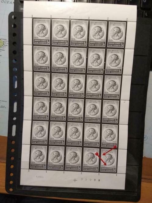 België 1965 Koningin Elisabeth plaat 2 vel met plaatfout **, Postzegels en Munten, Postzegels | Europa | België, Postfris, Orginele gom
