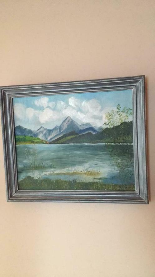 Cadre en bois argenté 58x48 cm avec paysage de montagne., Antiquités & Art, Art | Peinture | Classique, Enlèvement ou Envoi