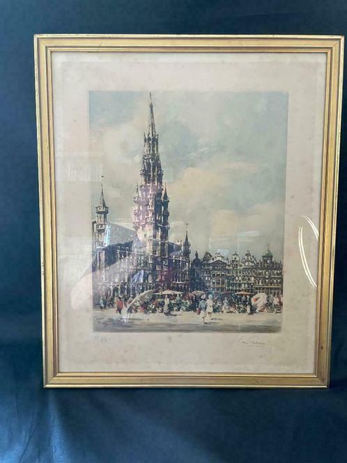 Print Simon VAN GELDEREN (1905-1986) Grote Markt van Brussel, Antiek en Kunst, Kunst | Schilderijen | Klassiek, Ophalen of Verzenden