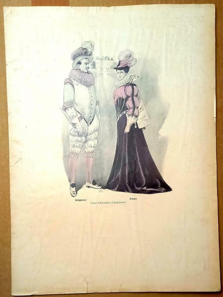 Prent Seigneur Dame (Echtpaar in 15e-eewse kleding) 19e eeuw, Antiquités & Art, Art | Lithographies & Sérigraphies, Enlèvement ou Envoi