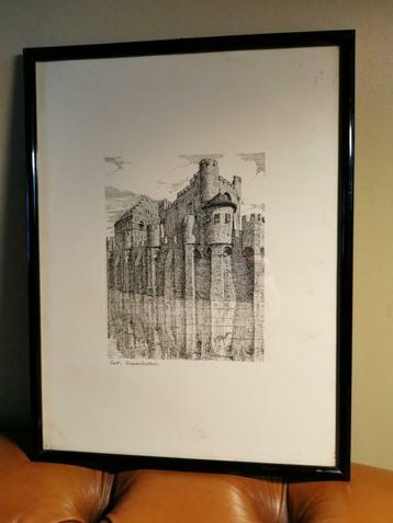 Oude litho Gent het Gavenkasteel door A. Tytgat in frame, Antiek en Kunst, Ophalen of Verzenden