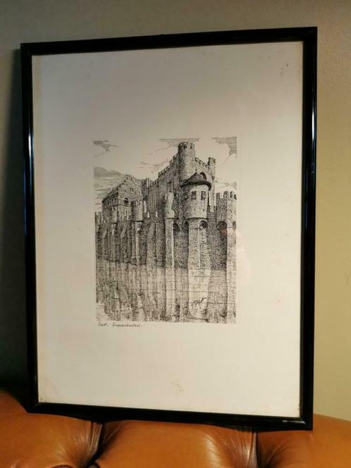 Oude litho Gent het Gavenkasteel door A. Tytgat in frame, Antiquités & Art, Art | Lithographies & Sérigraphies, Enlèvement ou Envoi