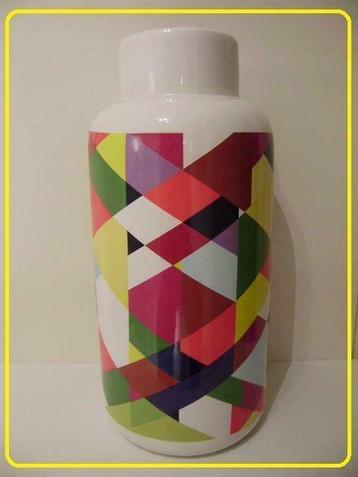 XL Keramiek vaas met wit émail & veelkleurig abstrakt dekor, Neuf, Poterie ou Porcelaine, Enlèvement, Blanc