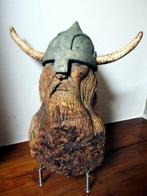 Massief houten sculptuur van Vikingkop met inox driepoot, Nieuw, Ophalen of Verzenden, Sculpture sur bois