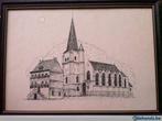 Bilzen stadshuis en kerk pentekening, Antiek en Kunst, Kunst | Etsen en Gravures