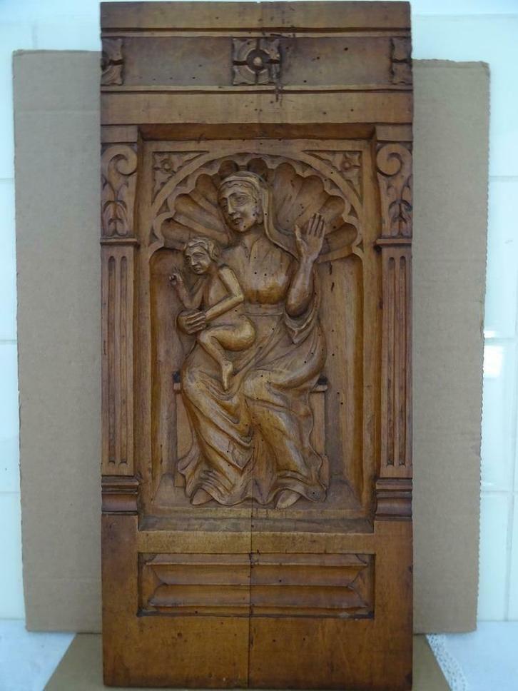 Antiek houtsnijwerk altaar paneel Maria De Moeder Gods 1800, Antiek en Kunst, Antiek | Religieuze voorwerpen, Ophalen of Verzenden