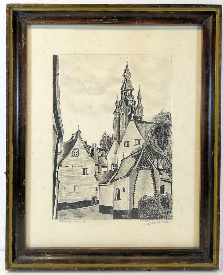 M Van de Wiele  *   Begijnhof van Kortrijk  *  Tekening, Antiek en Kunst, Kunst | Tekeningen en Fotografie, Ophalen of Verzenden