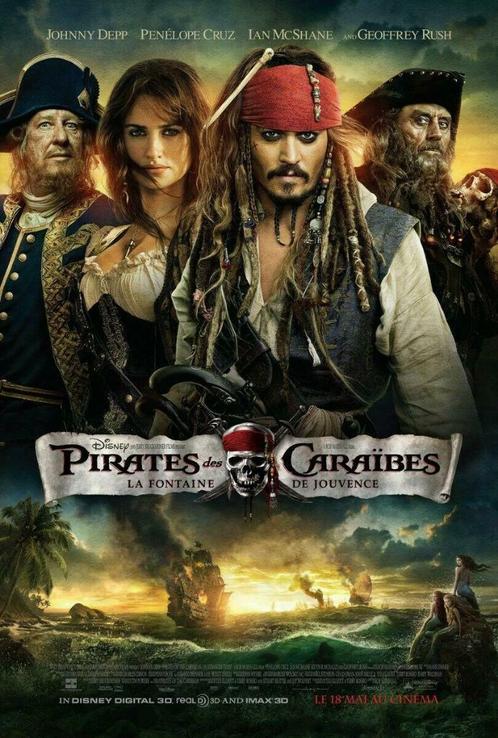 Affiche "Pirates des Caraïbes 4 : la Fontaine de Jouvence", Verzamelen, Posters, Gebruikt, Film en Tv, Deurposter of groter, Rechthoekig Staand