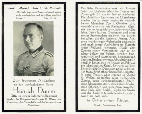 Rouwprent Duitse militair Heinrich Dumm 1905-1944 WO2, Verzamelen, Bidprentjes en Rouwkaarten, Bidprentje, Verzenden