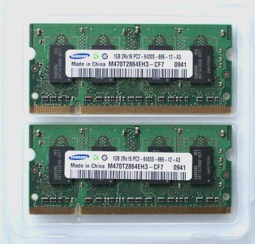 Kit Samsung 2 x 1 GB 2Rx16 PC2-6400S-666-12 DDR2 SO-DIMM, Informatique & Logiciels, Mémoire RAM, Comme neuf, Laptop, 2 GB, DDR2
