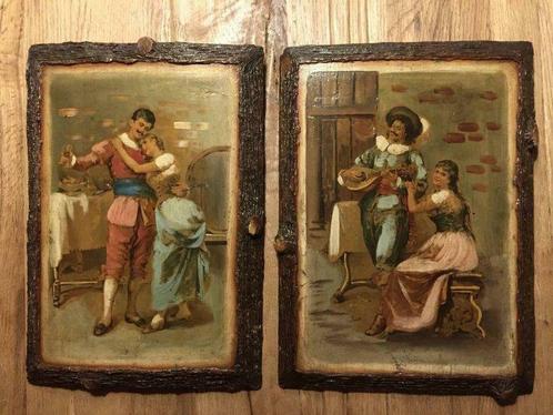 Set/2 Antieke litho's op hout, bijgeschilderd circa 1910, Antiquités & Art, Art | Peinture | Moderne, Enlèvement ou Envoi