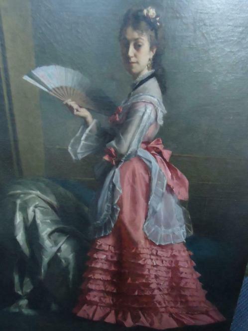 1878 Edouard AGNEESSENS olie/doek 'femme à l'éventail', Antiquités & Art, Art | Peinture | Classique, Enlèvement