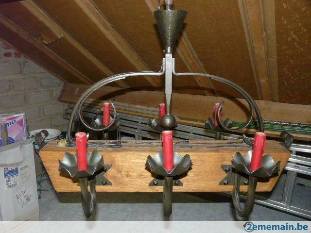 lustre rustique en chene et fer forge, Maison & Meubles, Lampes | Lustres, Utilisé, Bois, Métal, Enlèvement