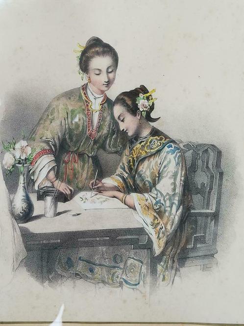 Mooie litho - Chinese dames aquarelleren - China - 19de-eeuw, Antiek en Kunst, Curiosa en Brocante, Ophalen of Verzenden