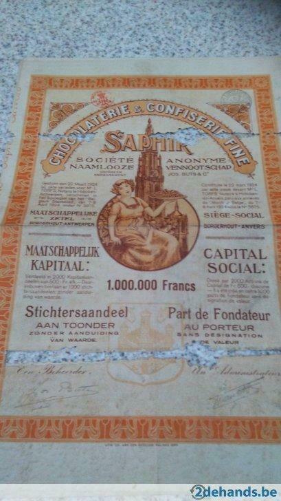 Stichtersaandeel NV SAPHIR 1924, Verzamelen, Tijdschriften, Kranten en Knipsels