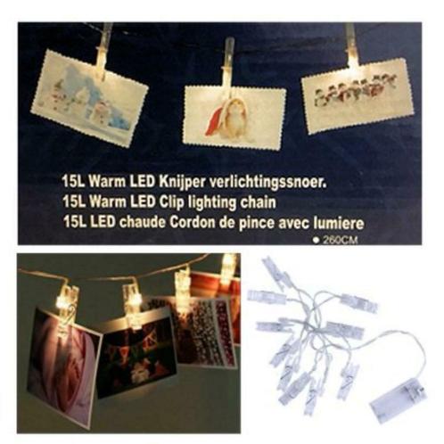 Kerst led wasknijper lichtsnoer 15 leds batterij wit, Diversen, Kerst, Nieuw, Ophalen of Verzenden