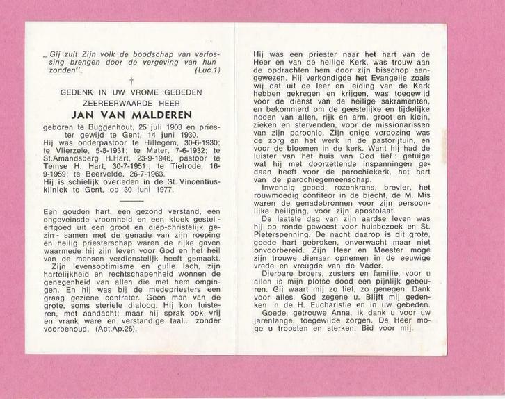 DP Priester Jan Van Malderen, Verzamelen, Bidprentjes en Rouwkaarten, Bidprentje, Verzenden