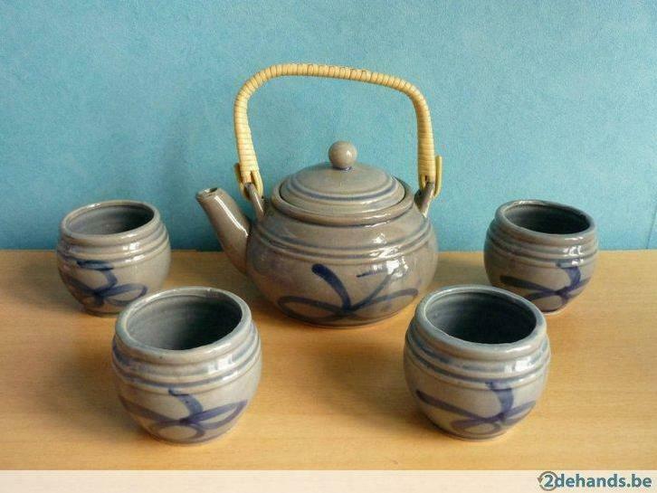 Keuls stenen aardewerk Thee-set Theekan en 4 kopjes, Antiek en Kunst, Kunst | Beelden en Houtsnijwerken, Ophalen of Verzenden