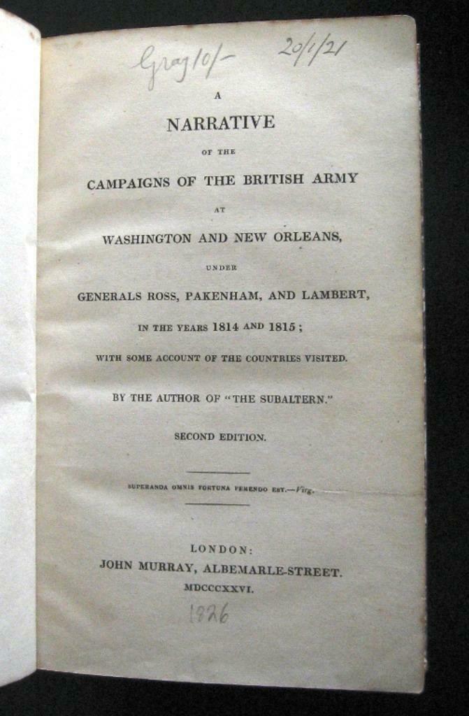 Campaigns o/t British Army at Washington & New Orleans 1826, Enlèvement ou Envoi