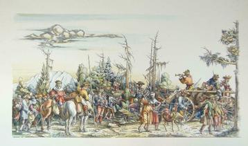 gravure : Groupe de personnages divers, cavaliers, soldats, Enlèvement ou Envoi