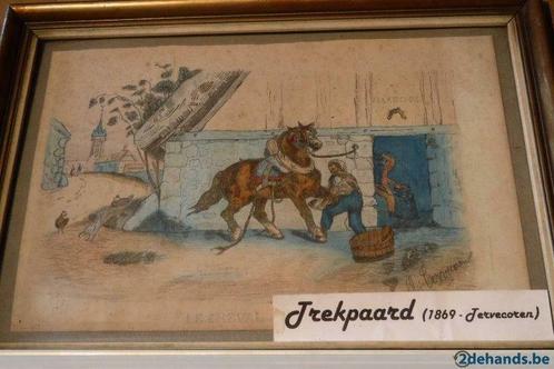 Gekleurd potloodtekening "Le Cheval Trait" Jervercoren 1869, Antiek en Kunst, Kunst | Schilderijen | Modern, Ophalen of Verzenden