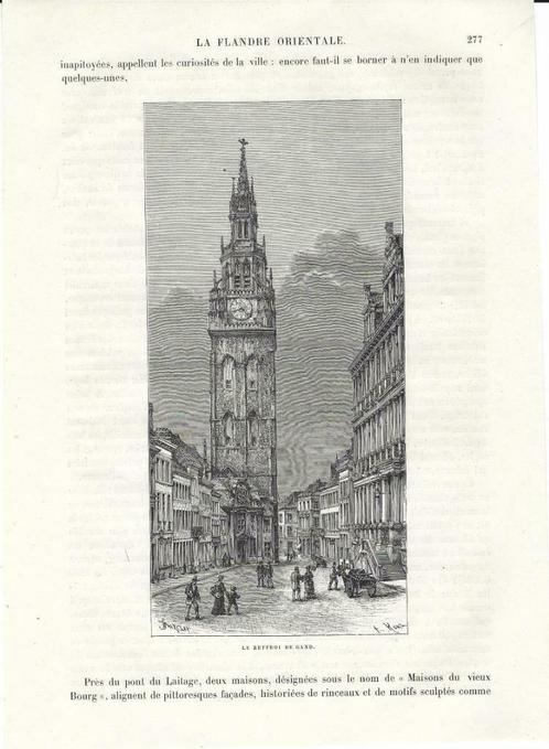 1888 - Gent het Belfort, Antiek en Kunst, Kunst | Etsen en Gravures, Ophalen of Verzenden
